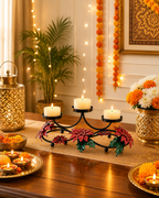 Taakshva Handcrafted Triple Floral Candle Holder Black Matte Finish