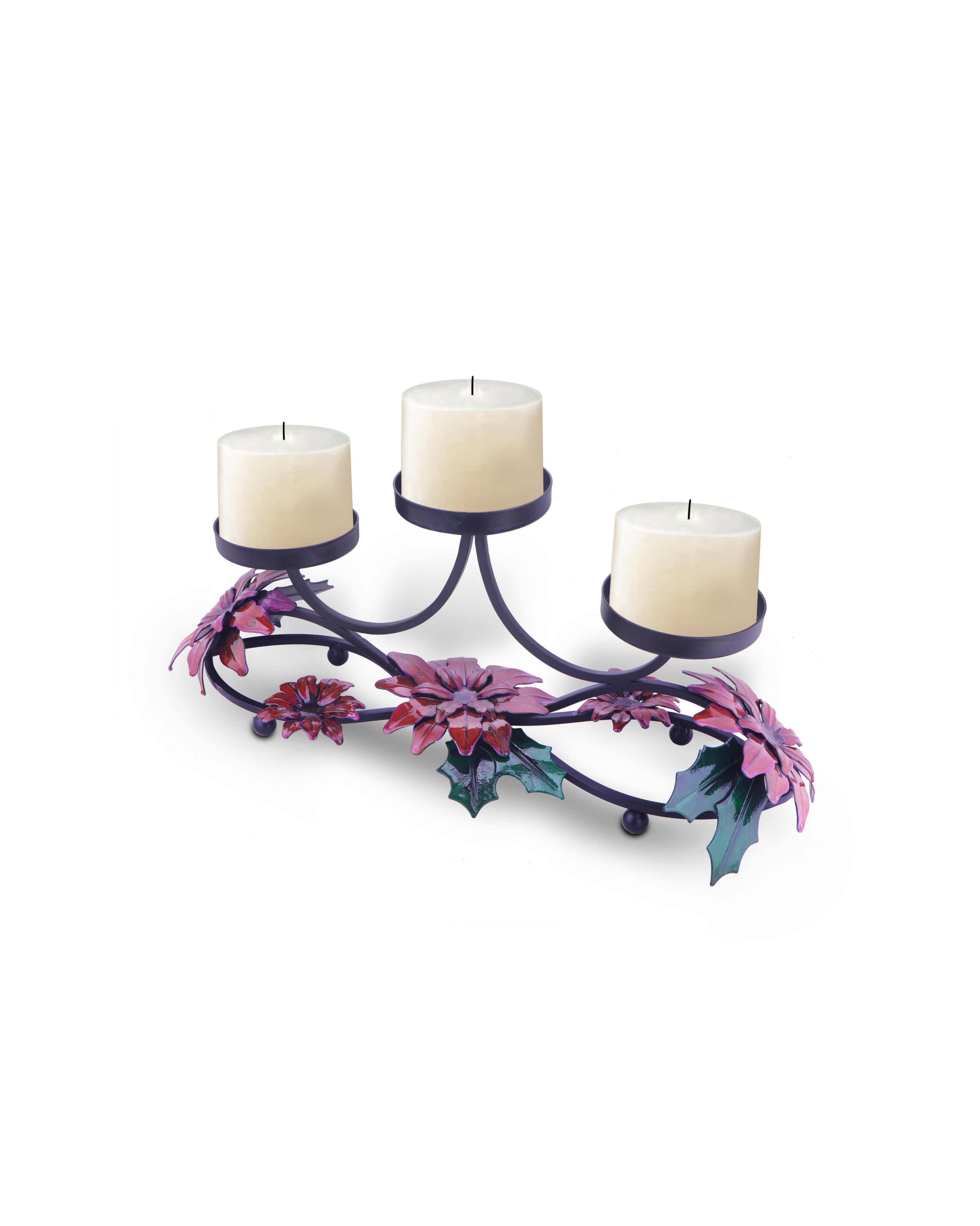 Taakshva Handcrafted Triple Floral Candle Holder Black Matte Finish