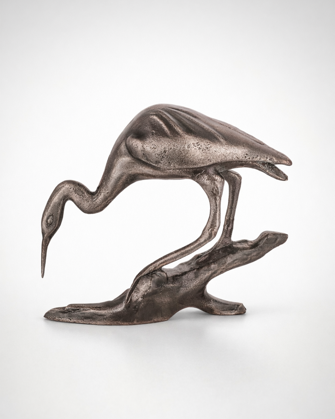 Handcrafted Vintage-Copper-Finish Heron Sculpture on Branch Base