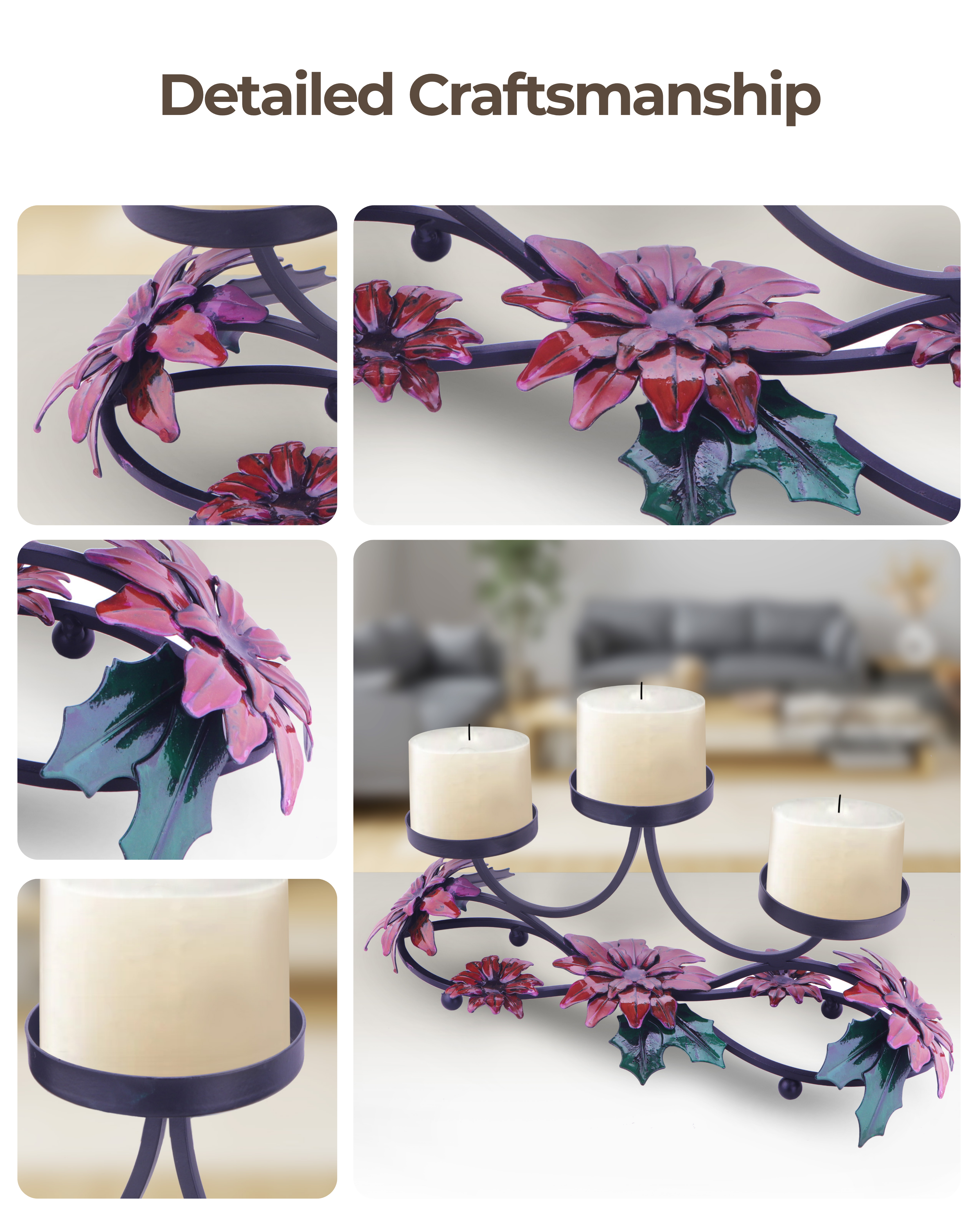 Taakshva Handcrafted Triple Floral Candle Holder Black Matte Finish
