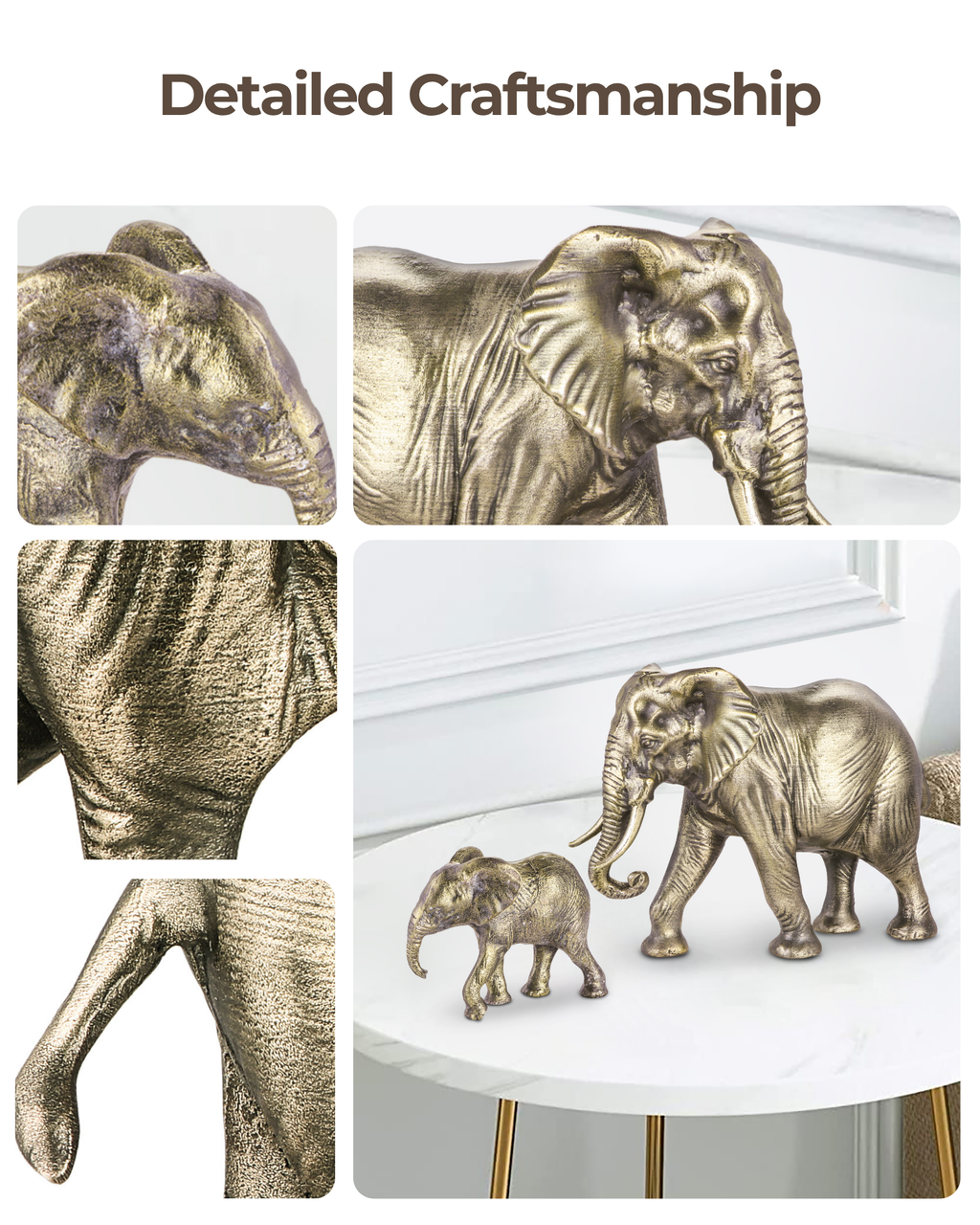 Handcrafted Vintage Gold Mother & Baby Elephant Sculptures