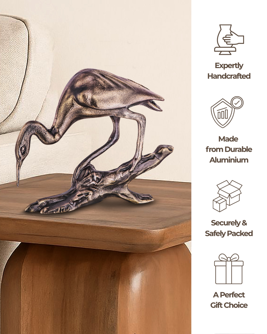 Handcrafted Vintage-Copper-Finish Heron Sculpture on Branch Base