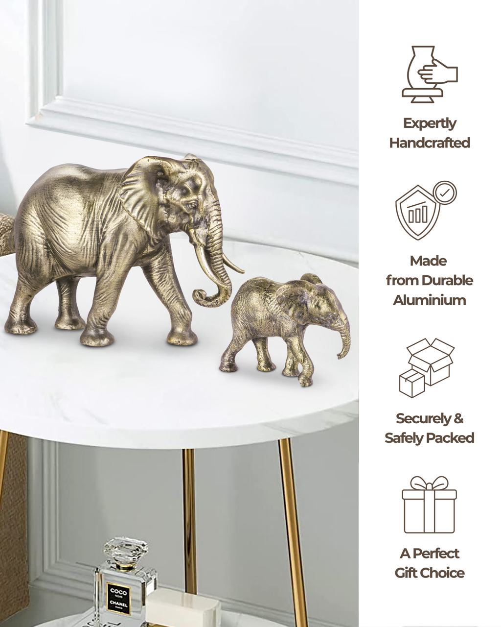 Handcrafted Vintage Gold Mother & Baby Elephant Sculptures