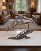 Handcrafted Vintage-Copper-Finish Heron Sculpture on Branch Base