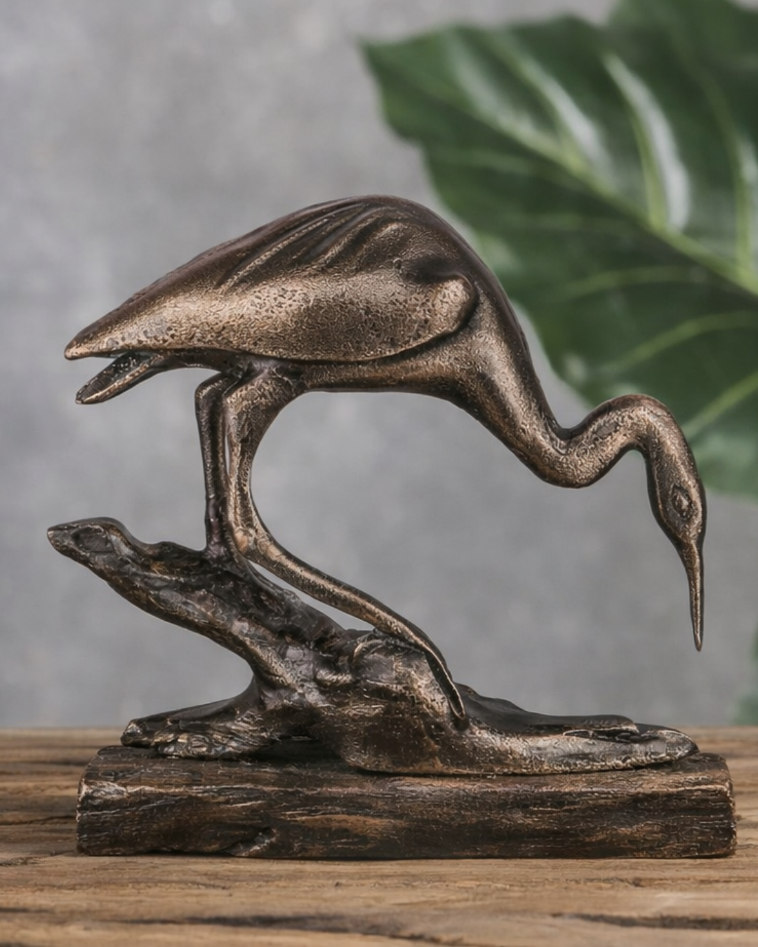 Handcrafted Vintage-Copper-Finish Heron Sculpture on Branch Base