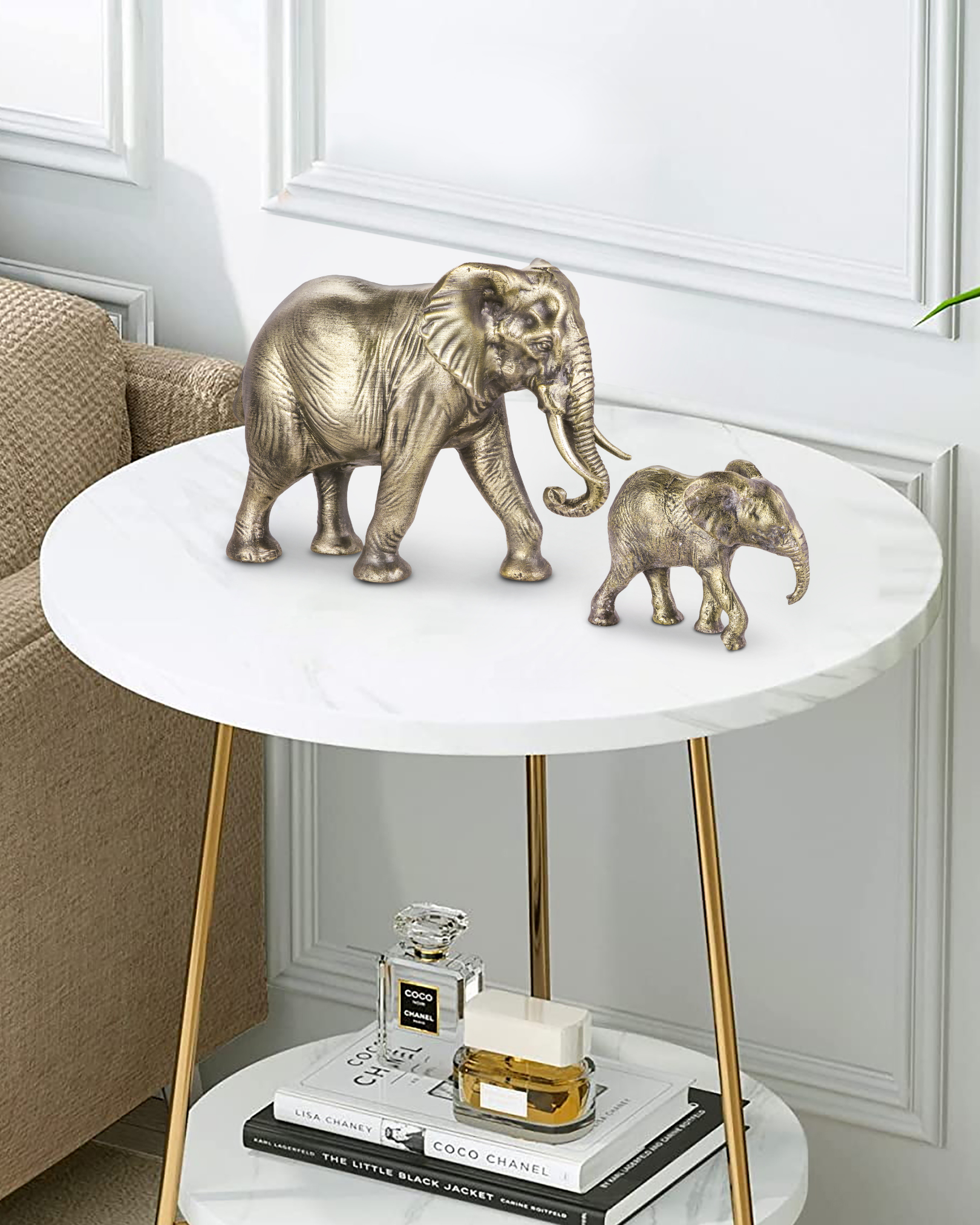 Handcrafted Vintage Gold Mother & Baby Elephant Sculptures