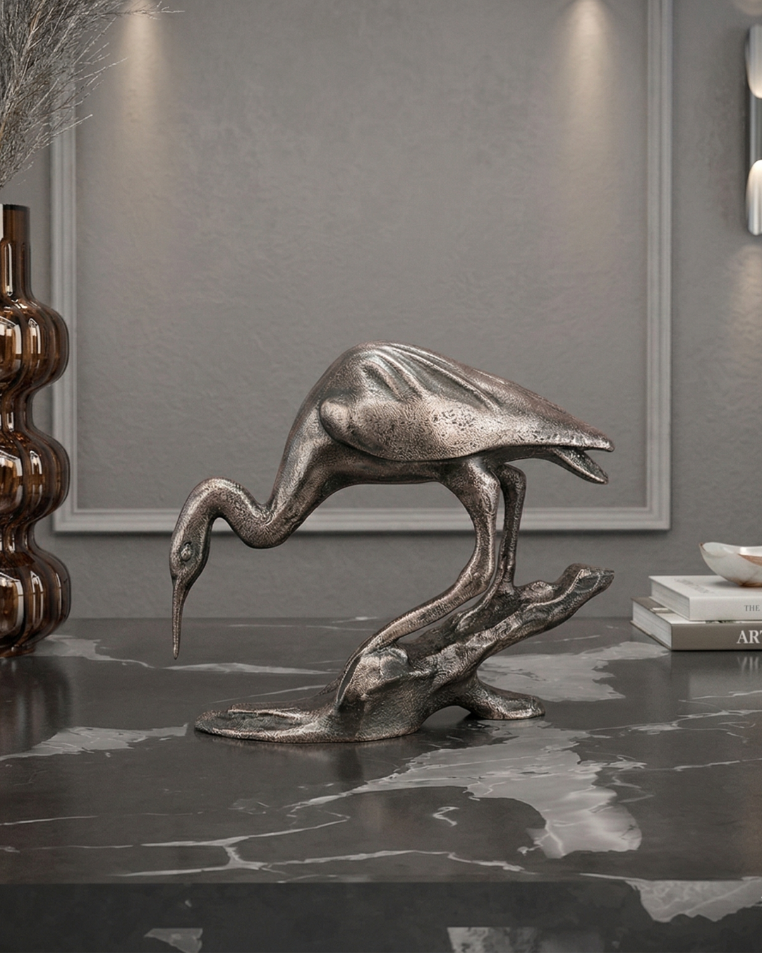 Handcrafted Vintage-Copper-Finish Heron Sculpture on Branch Base