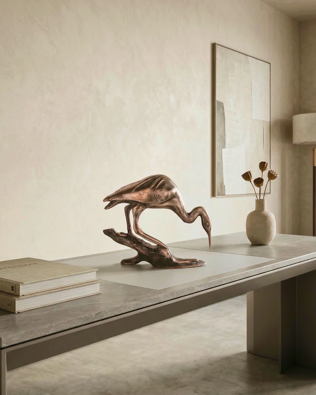 Handcrafted Vintage-Copper-Finish Heron Sculpture on Branch Base
