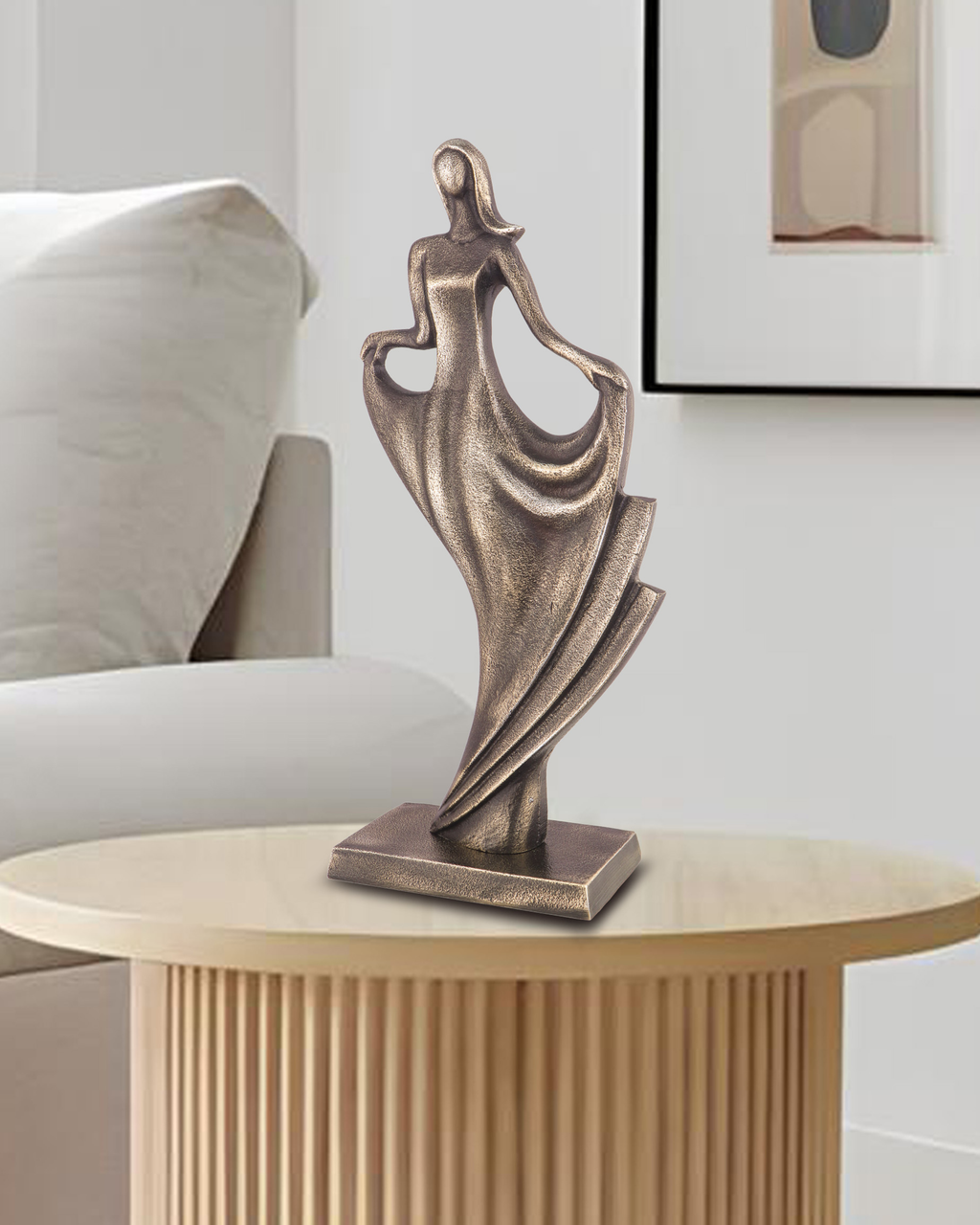 Handcrafted Vintage Copper Flowing Dress Lady Sculpture with Classic Base