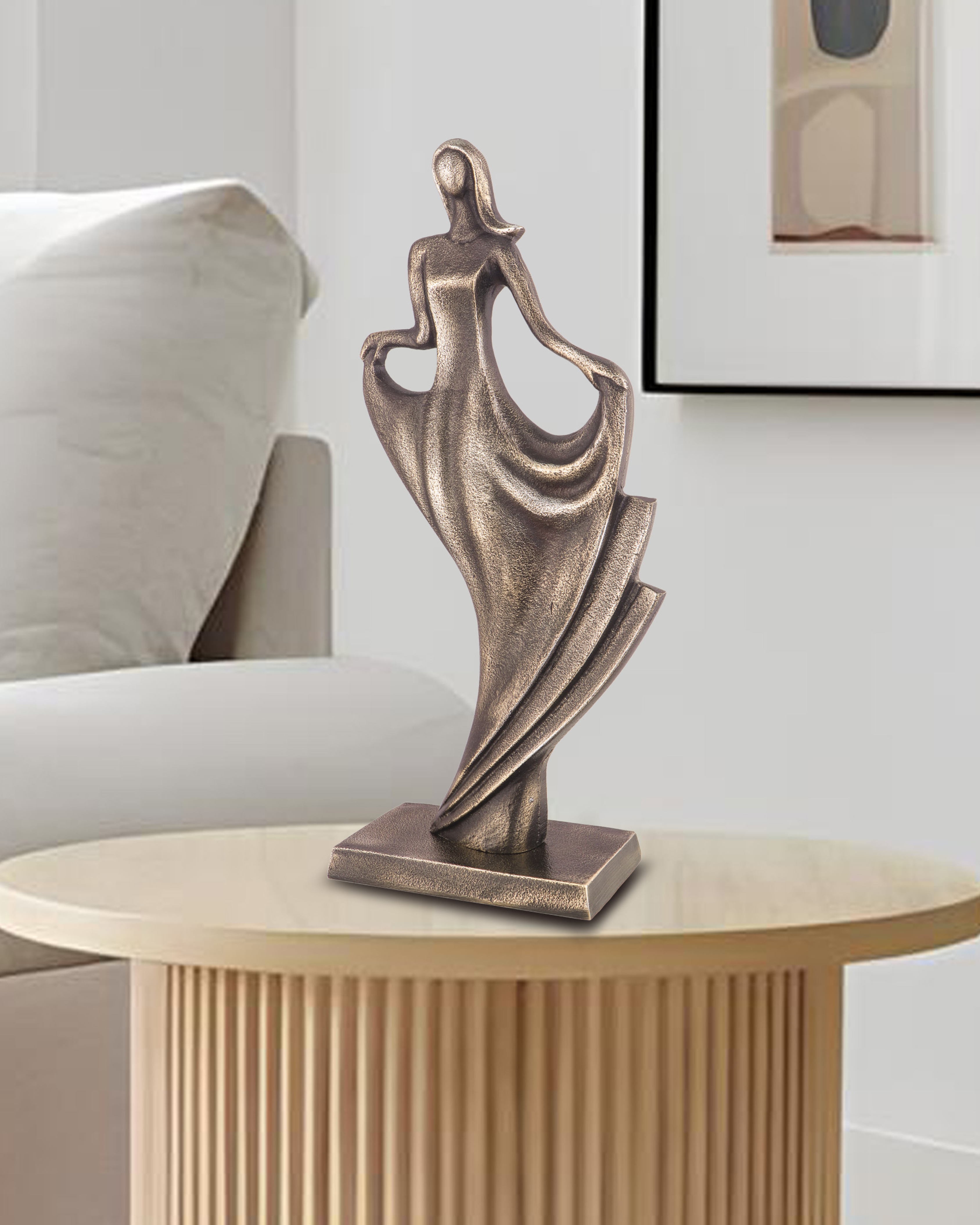 Handcrafted Vintage Copper Flowing Dress Lady Sculpture with Classic Base