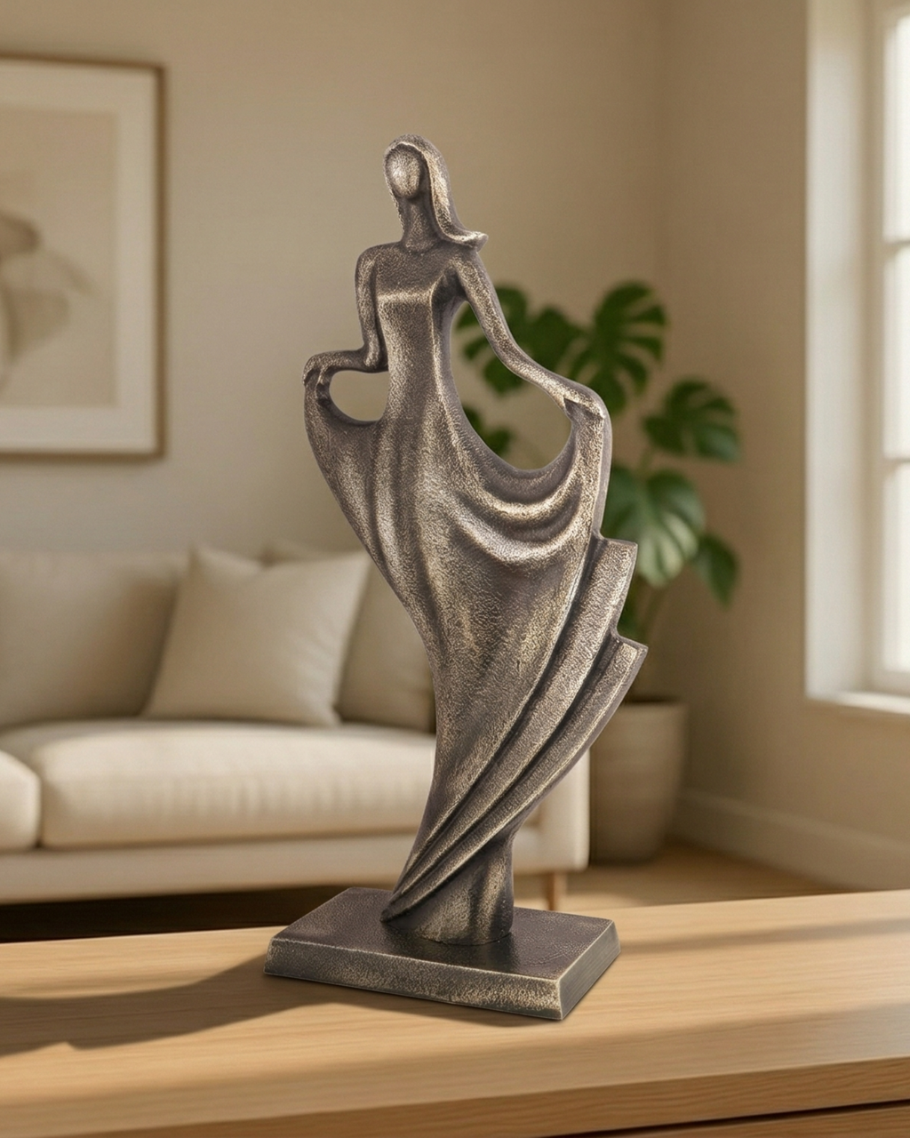 Handcrafted Vintage Copper Flowing Dress Lady Sculpture with Classic Base