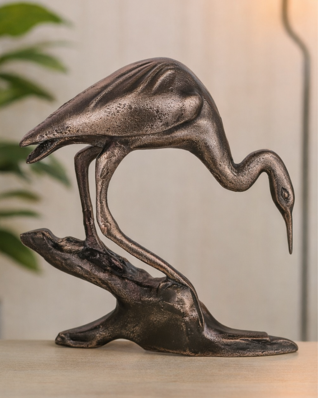 Handcrafted Vintage-Copper-Finish Heron Sculpture on Branch Base