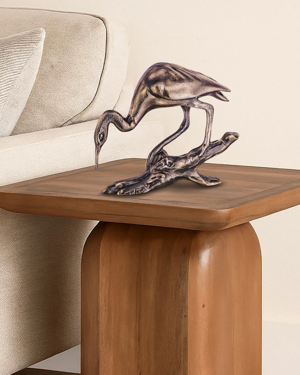 Handcrafted Vintage-Copper-Finish Heron Sculpture on Branch Base