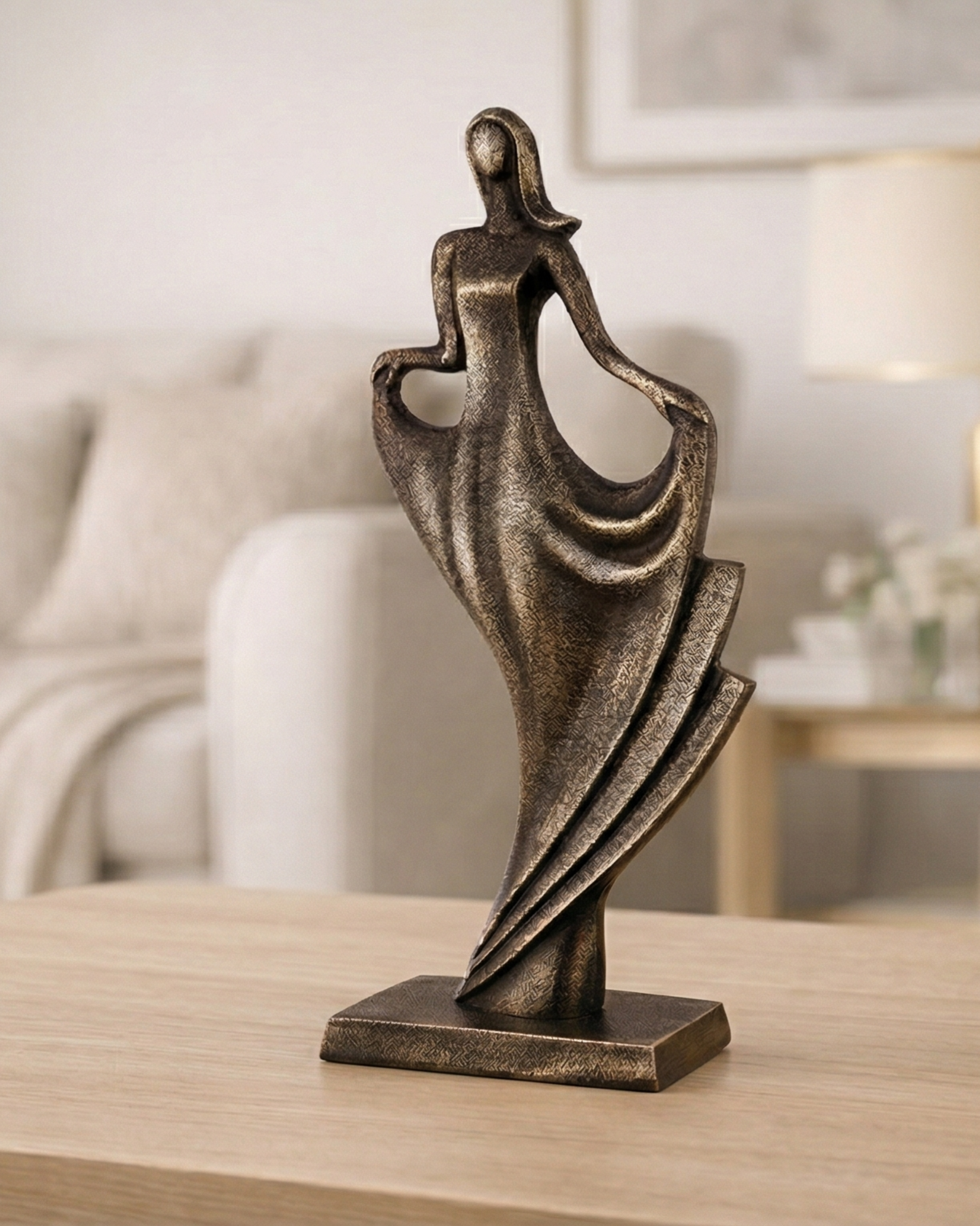 Handcrafted Vintage Copper Flowing Dress Lady Sculpture with Classic Base