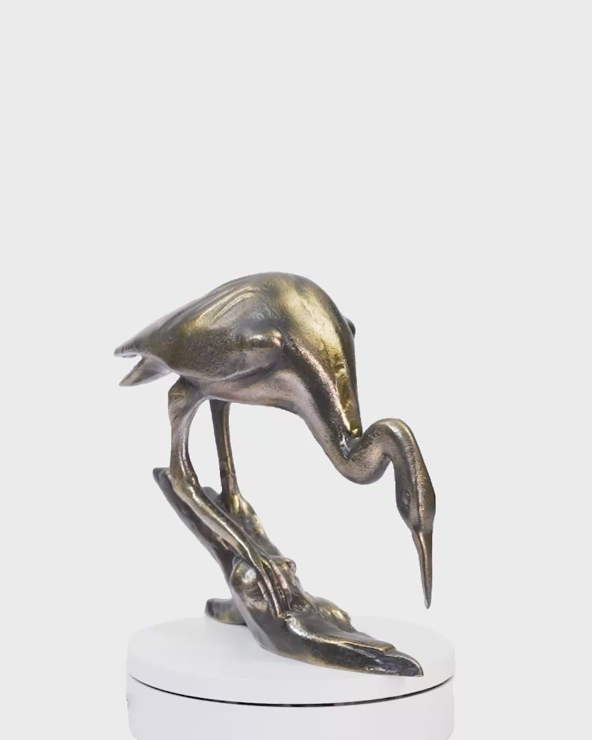 Handcrafted Vintage-Copper-Finish Heron Sculpture on Branch Base